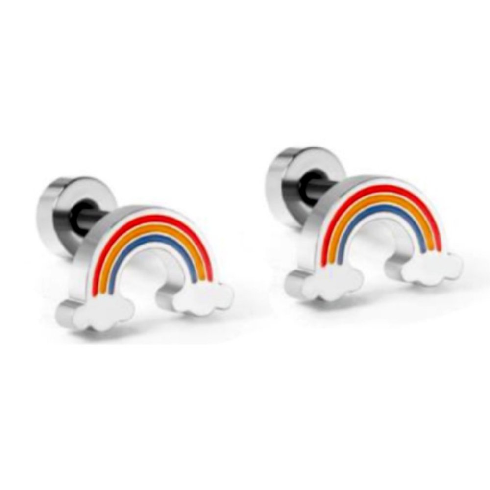 High-Quality Stainless Steel Baby Screw Silver Rainbow Cloud Earrings